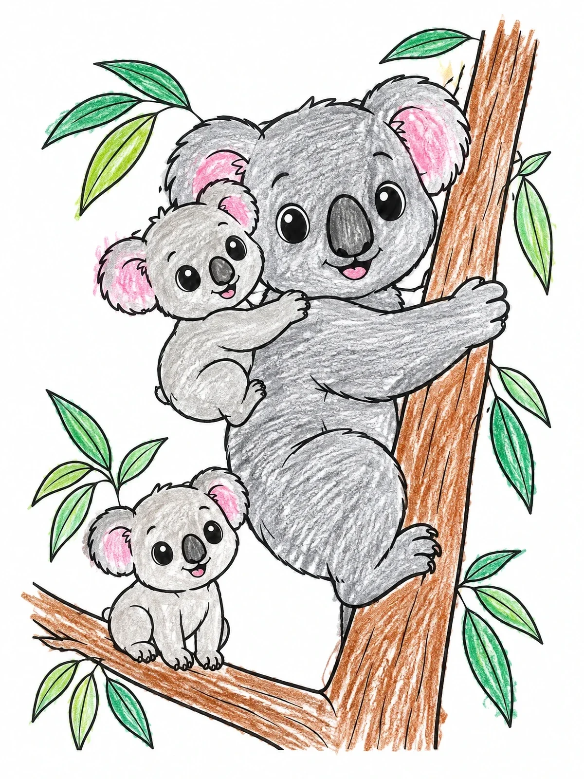 Colored example of the Koala Mother With Two Cute Joeys coloring page