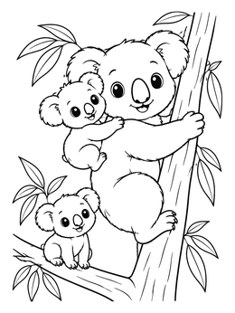 A friendly mother climbs a tree with babies in this koala coloring page.