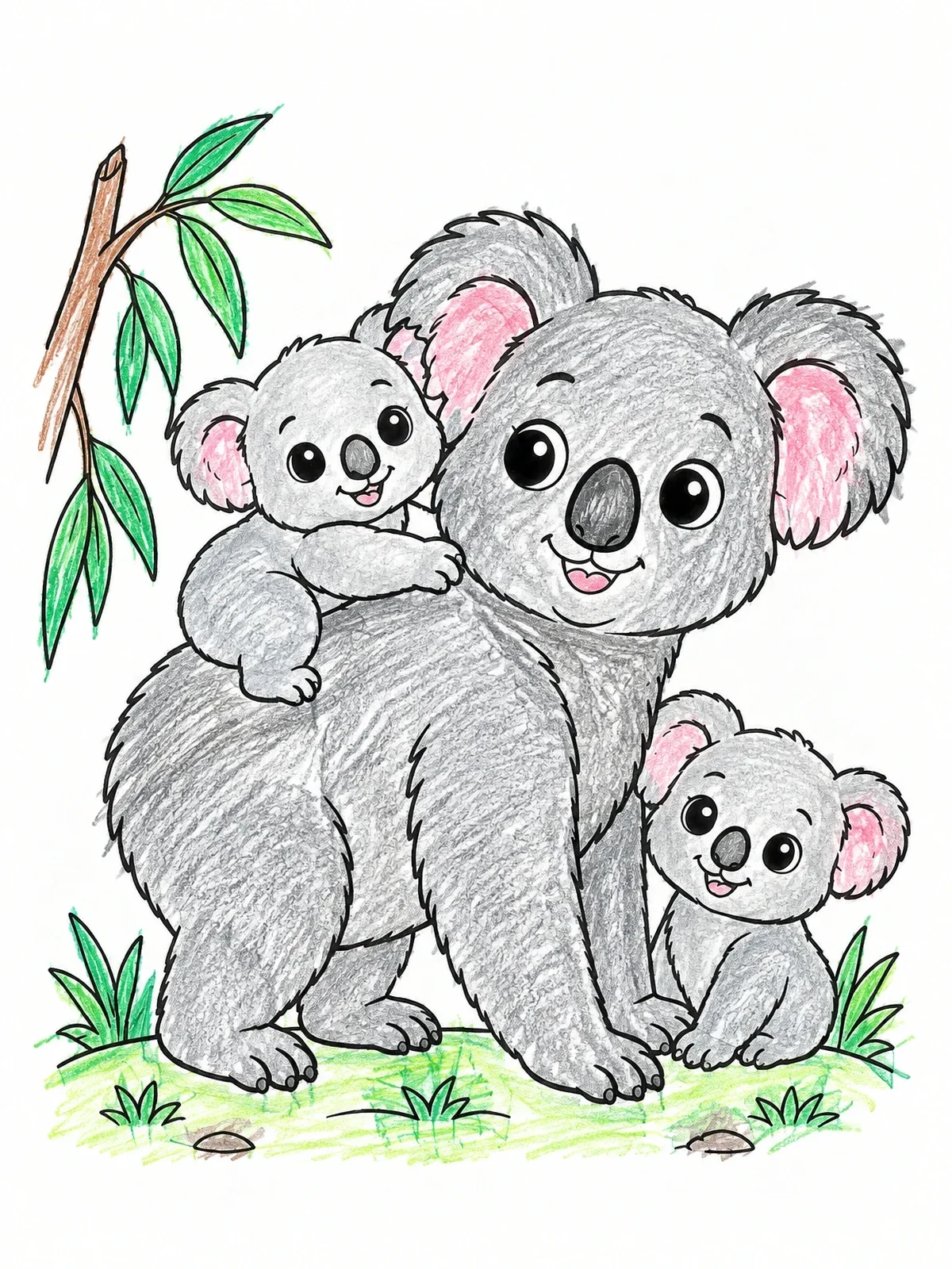 Colored example of the Koala Mother With Two Cute Joeys coloring page