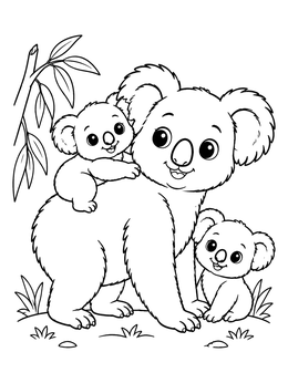A sweet koala coloring page showing a mother koala with two playful little joeys outdoors.