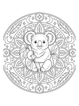 An intricate koala coloring page inside a circular mandala with feathers and stars.