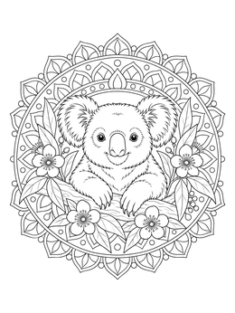 A detailed koala coloring page framed by flowers and an intricate circular mandala pattern.