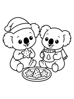 Two happy koalas share cookies and hot cocoa in this christmas koala coloring page.