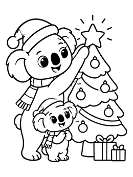 Free printable Koalas Decorating A Christmas Tree coloring page