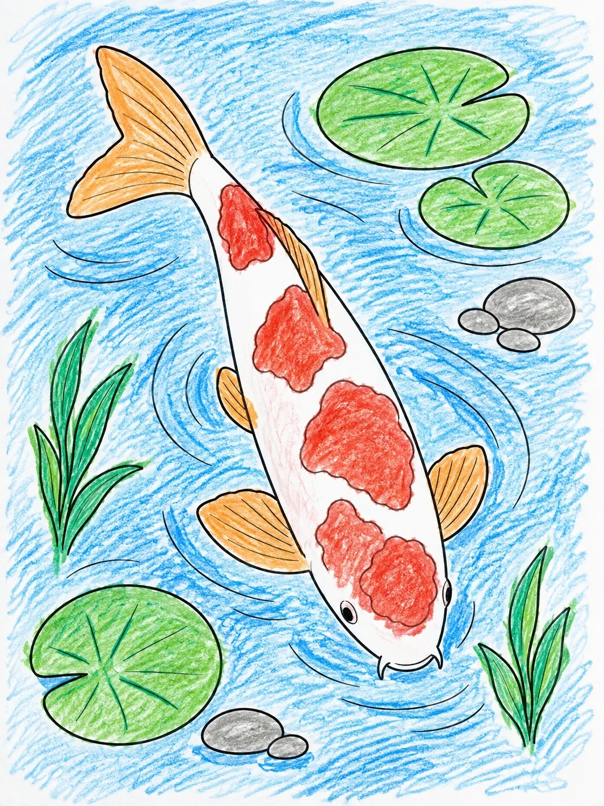 Colored example of the Kohaku Koi Swimming In Pond coloring page