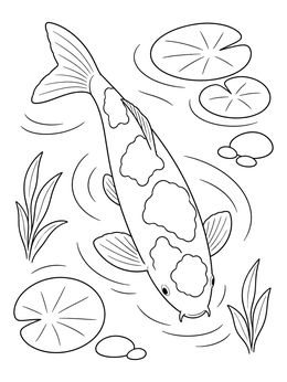 A spotted fish swims among lily pads in this koi fish coloring page.