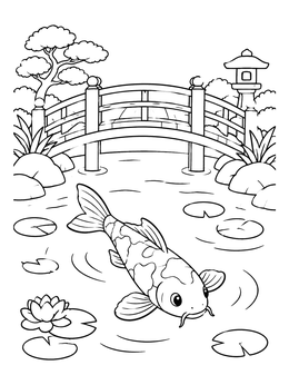 Free printable Koi Fish By An Arched Garden Bridge coloring page