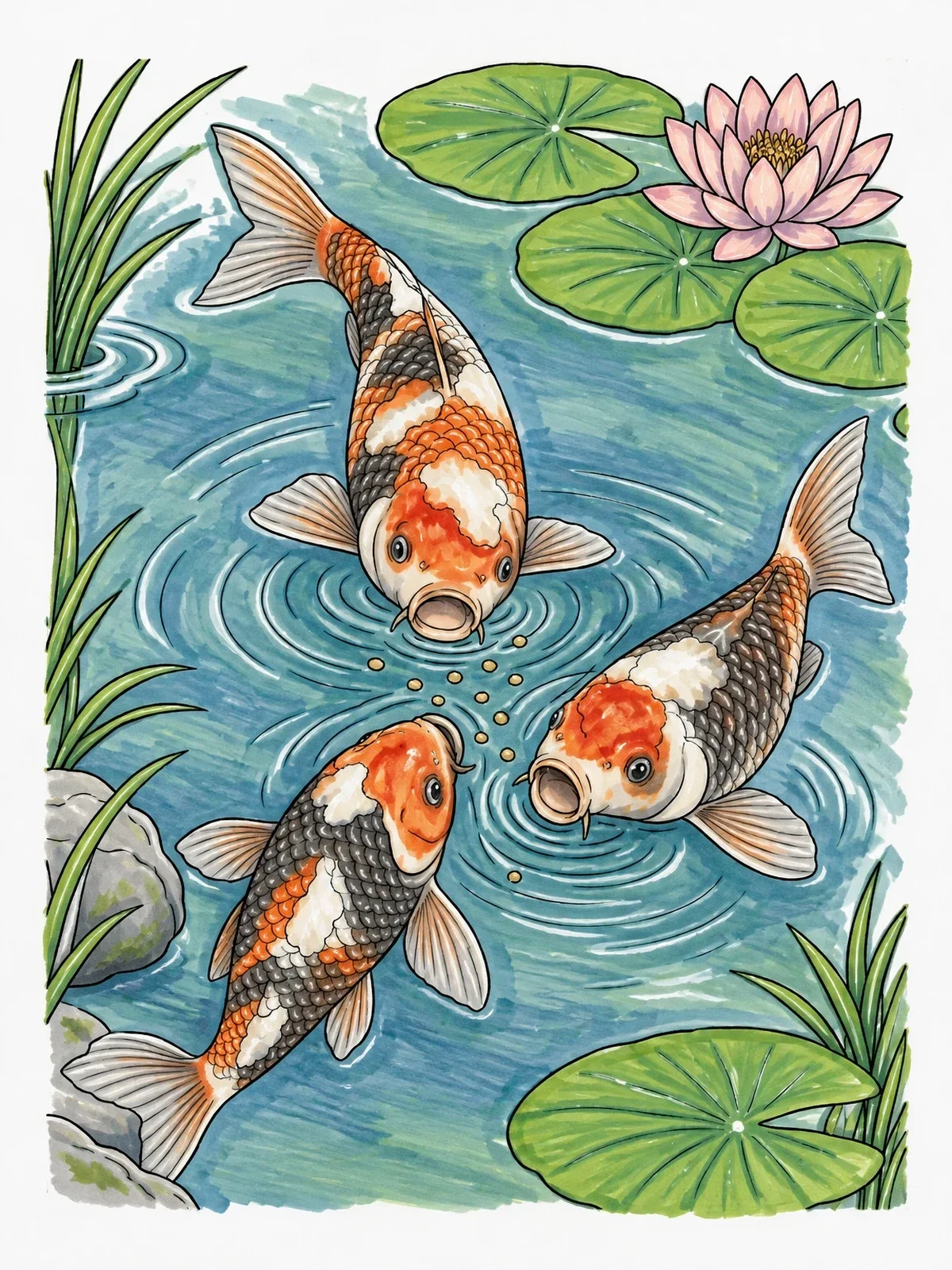 Colored example of the Koi Fish Feeding In Lotus Pond coloring page