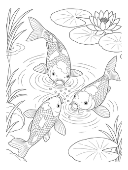 Three fish gather around food pellets in this koi fish coloring page with water lilies.
