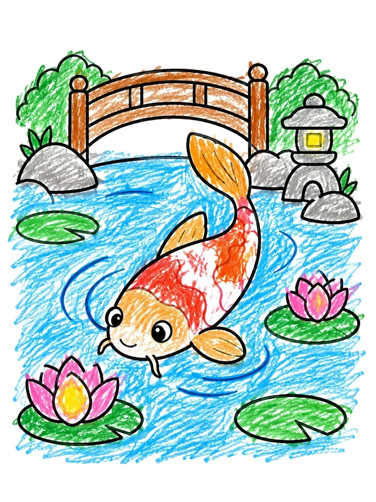 Colored example of the Koi Fish In Japanese Garden Pond coloring page