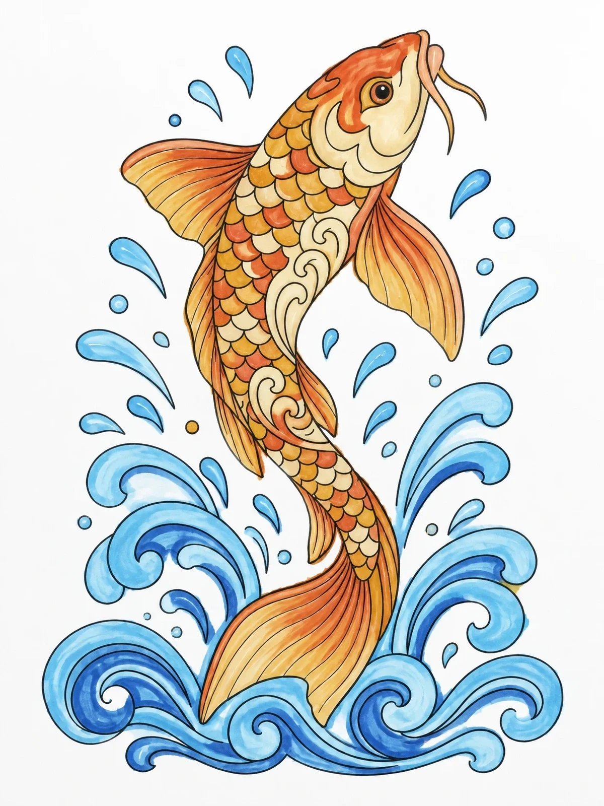 Colored example of the Koi Fish Leaping From Swirling Waves coloring page