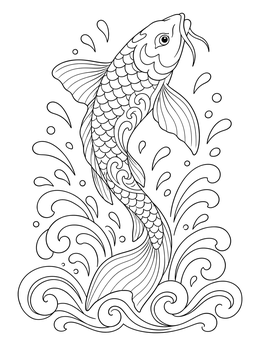 A dynamic koi fish coloring page featuring stylized waves, splashes, and detailed scales.