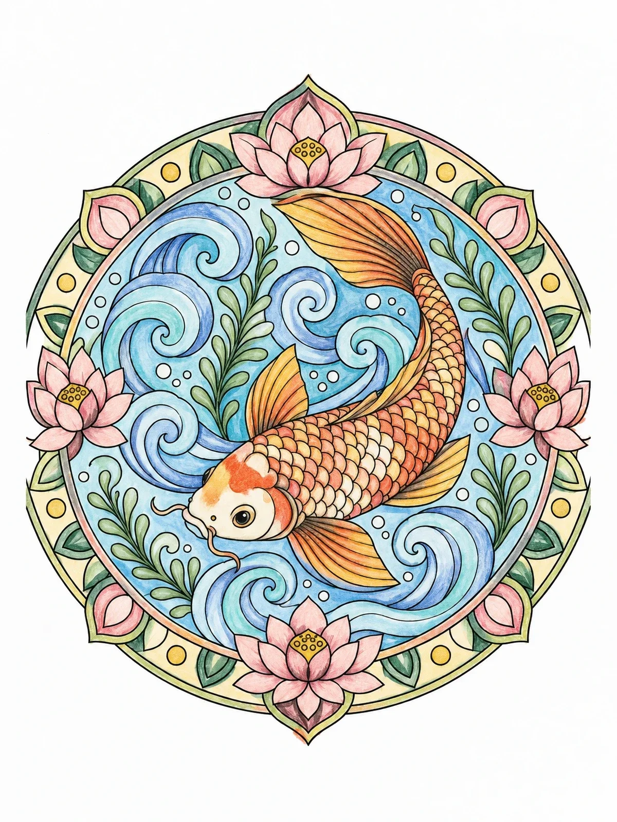 Colored example of the Koi Fish Mandala With Lotus Flowers coloring page