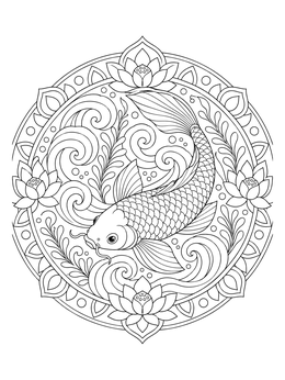 An ornate koi fish coloring page framed by swirling water and lotus blossoms.