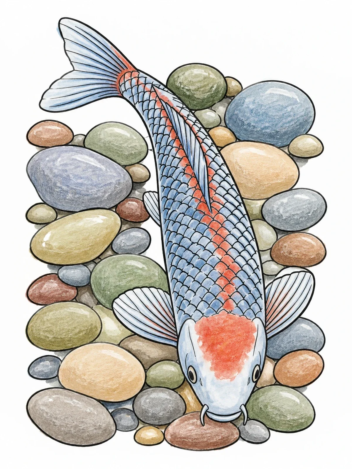 Colored example of the Koi Fish Over River Pebbles coloring page