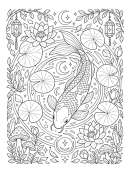 An ornate koi fish coloring page with lotus blossoms, lily pads, lanterns, and celestial motifs.