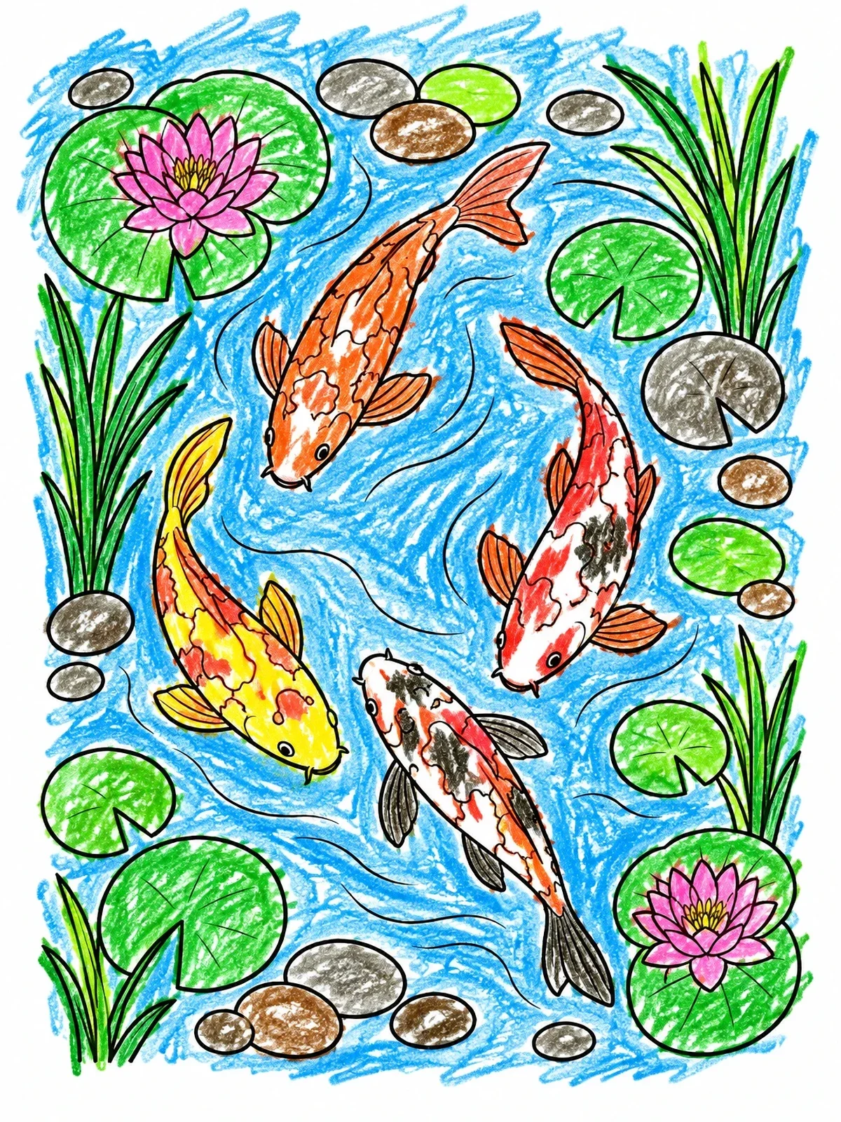 Colored example of the Koi Fish Swimming In A Pond coloring page