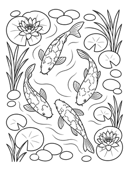 Top-down koi fish coloring page featuring four swimming carp, water lilies, and smooth stones.