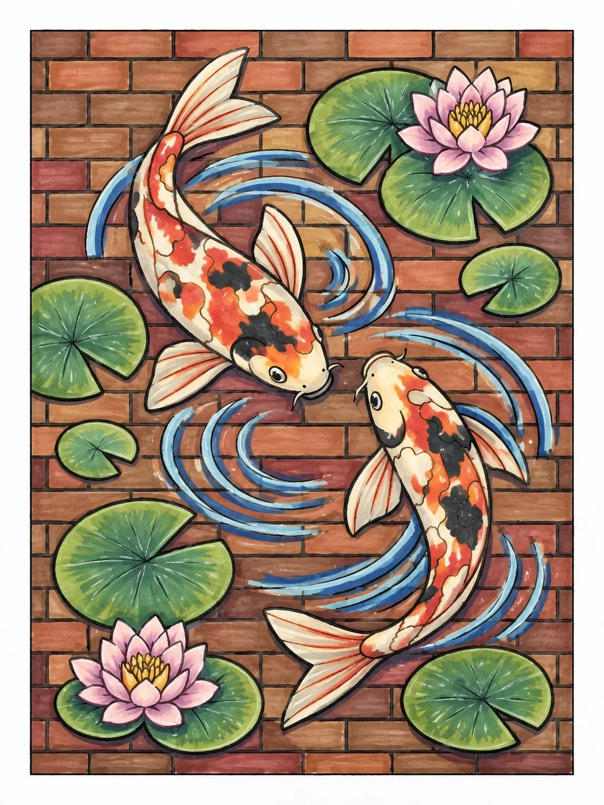 Colored example of the Koi Pond Brick Wall Mural coloring page