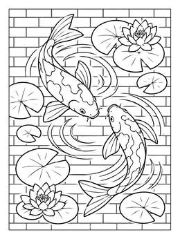 Free printable Koi Pond Brick Wall Mural coloring page