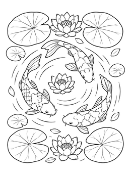 Three koi circle water ripples in this lotus flower coloring page surrounded by lily pads.