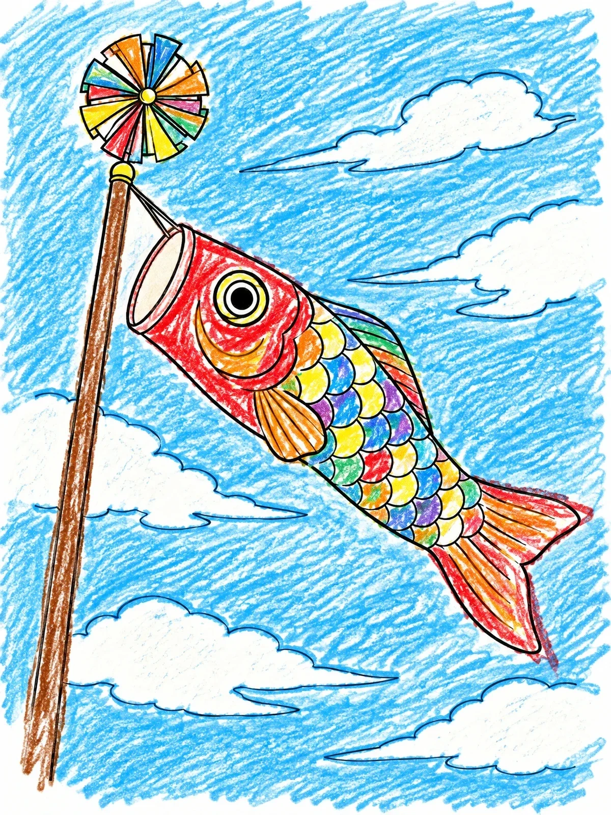 Colored example of the Koinobori Carp Streamer In The Sky coloring page