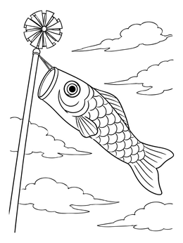 A fluttering koinobori coloring page featuring a carp streamer and spinning pinwheel among clouds.