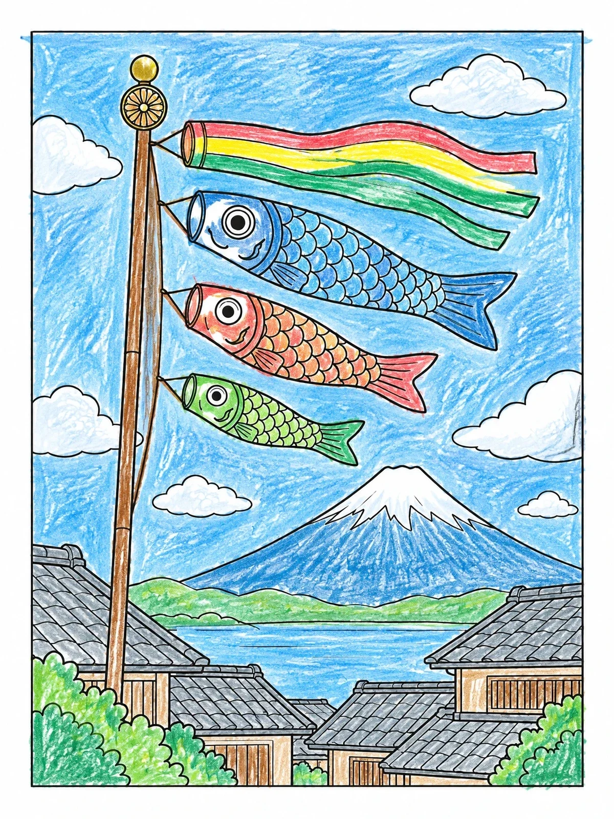 Colored example of the Koinobori Streamers Over Mount Fuji coloring page