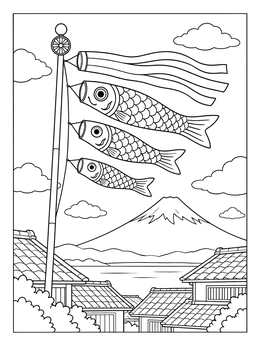 A detailed koinobori coloring page showing three carp streamers flying above traditional houses and Mount Fuji.