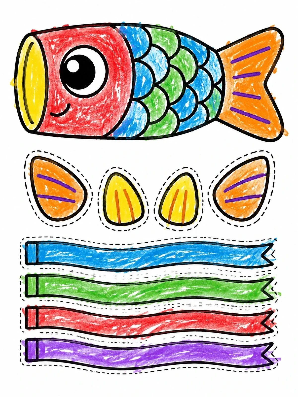 Colored example of the Koinobori Craft Cutout Sheet coloring page