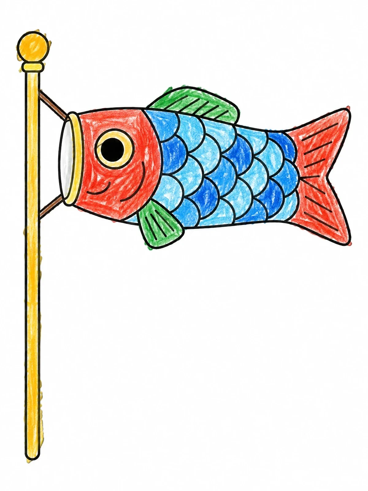 Colored example of the Cute Carp Streamer On Pole coloring page