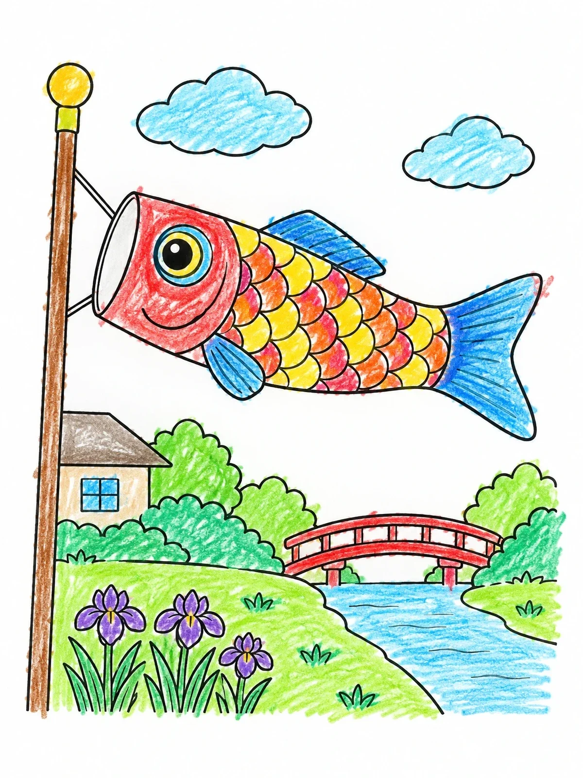 Colored example of the Koinobori Flying Over A Scenic Garden coloring page