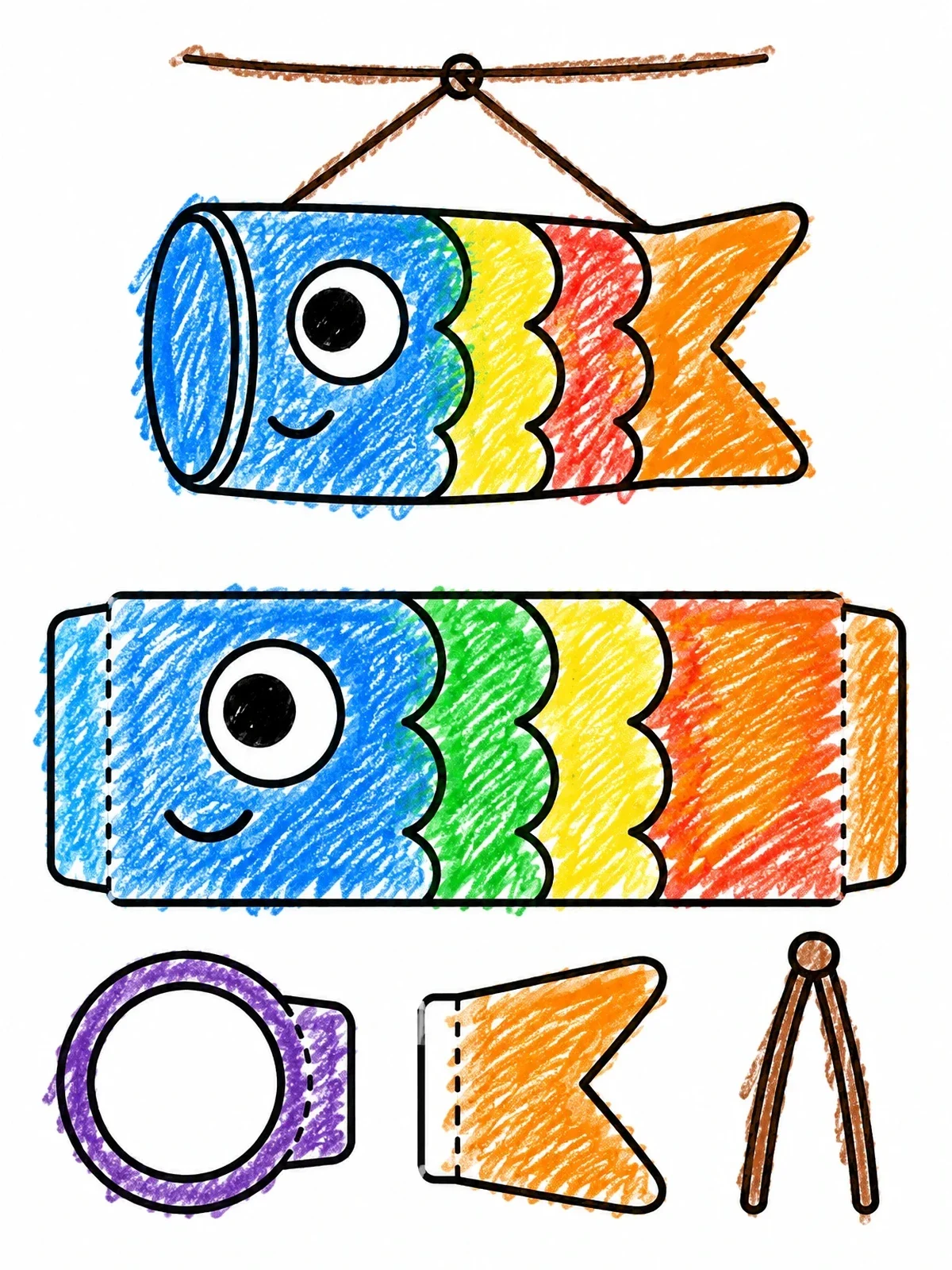 Colored example of the Koinobori Paper Craft Template coloring page