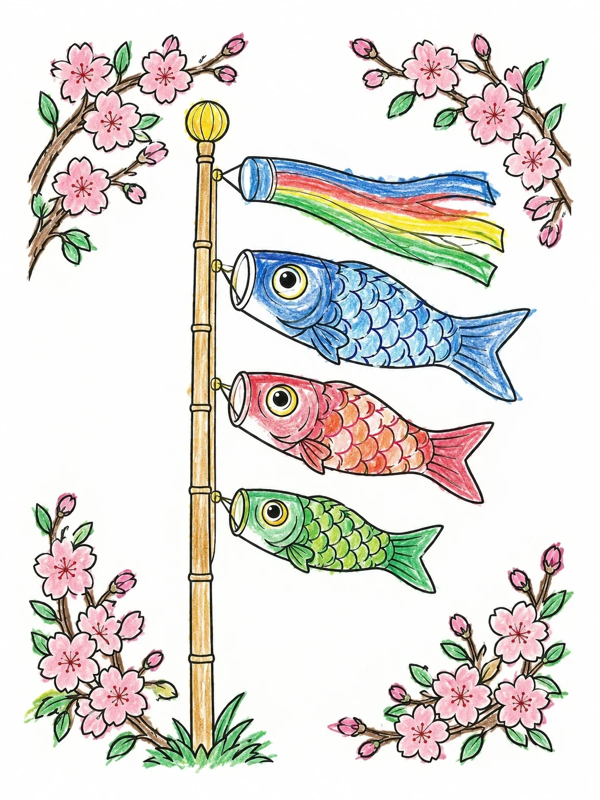 Colored example of the Koinobori Streamers With Cherry Blossoms coloring page