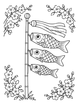 Japanese carp streamers fly on a pole framed by blossoms in this koinobori coloring page.