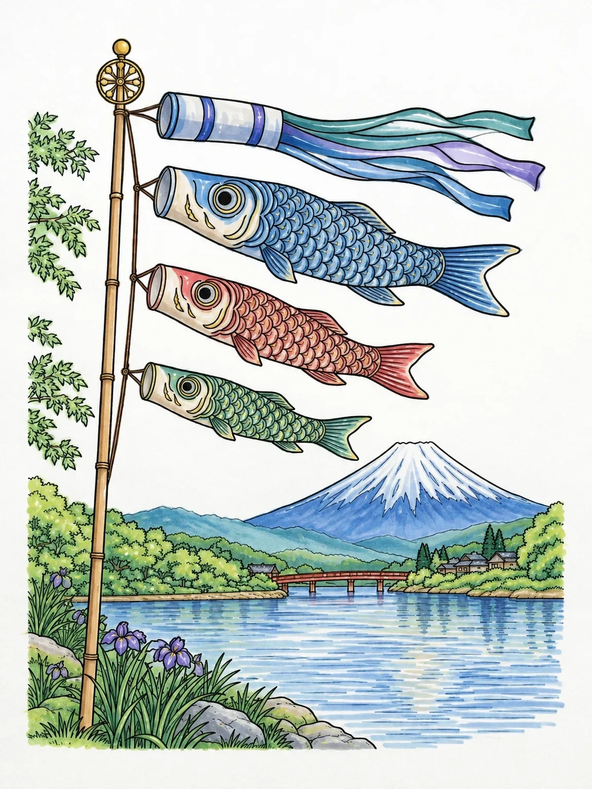 Colored example of the Koinobori Streamers Over River Landscape coloring page