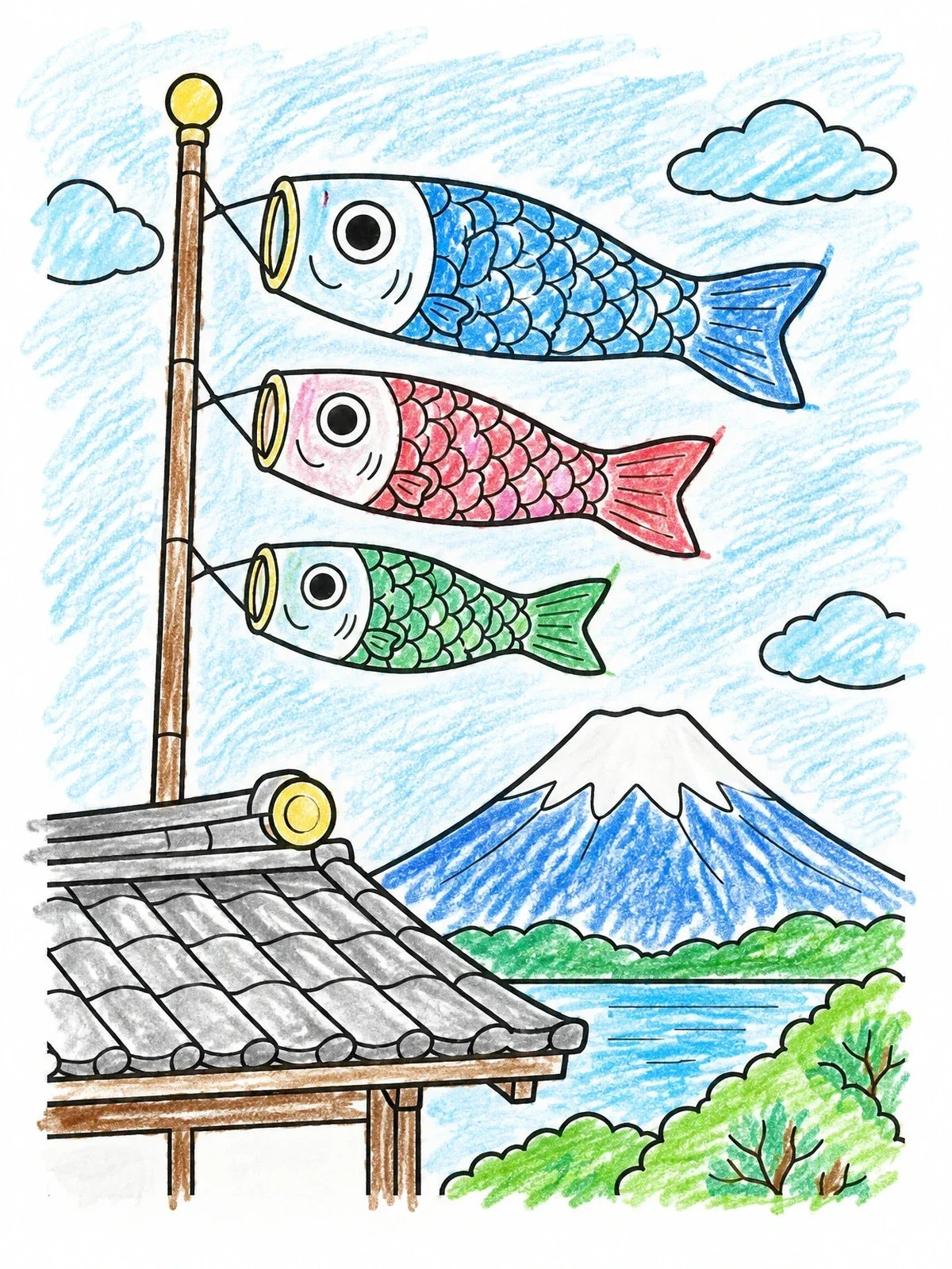 Colored example of the Koinobori Windsocks By Mount Fuji coloring page