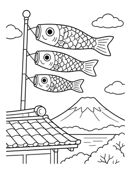 Free printable Koinobori Windsocks By Mount Fuji coloring page