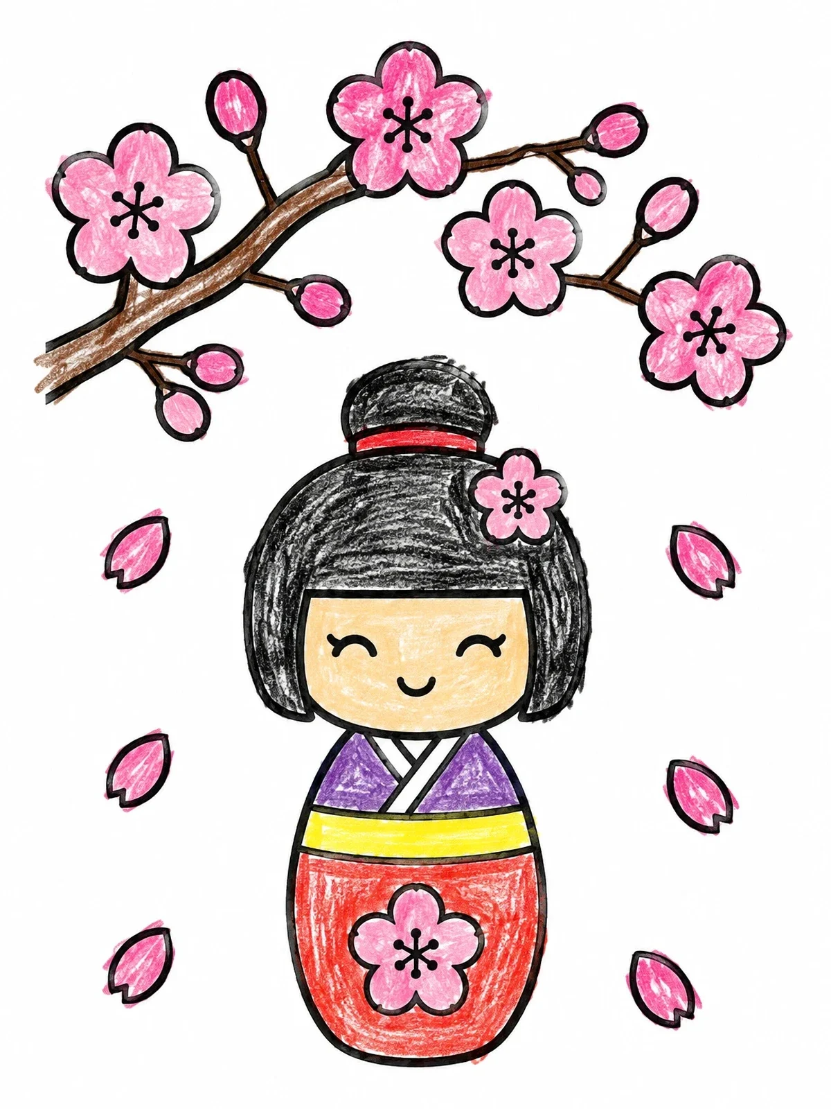 Colored example of the Kokeshi Doll Under Cherry Blossoms coloring page