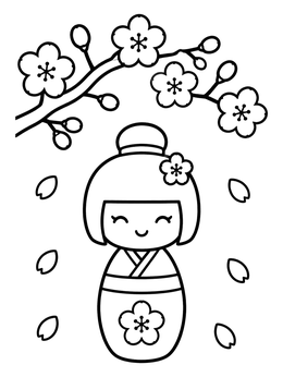 Free printable Kokeshi Doll Under Cherry Blossoms coloring page