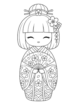 A smiling wooden figurine appears in this detailed kokeshi dolls coloring page with an open fan.