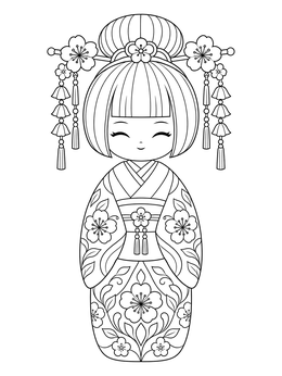 An ornate Japanese kokeshi dolls coloring page featuring floral kanzashi hairpins and patterned kimono.