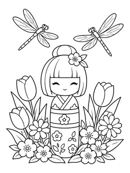 A smiling kokeshi dolls coloring page surrounded by blooming tulips, blossoms, and two hovering dragonflies.