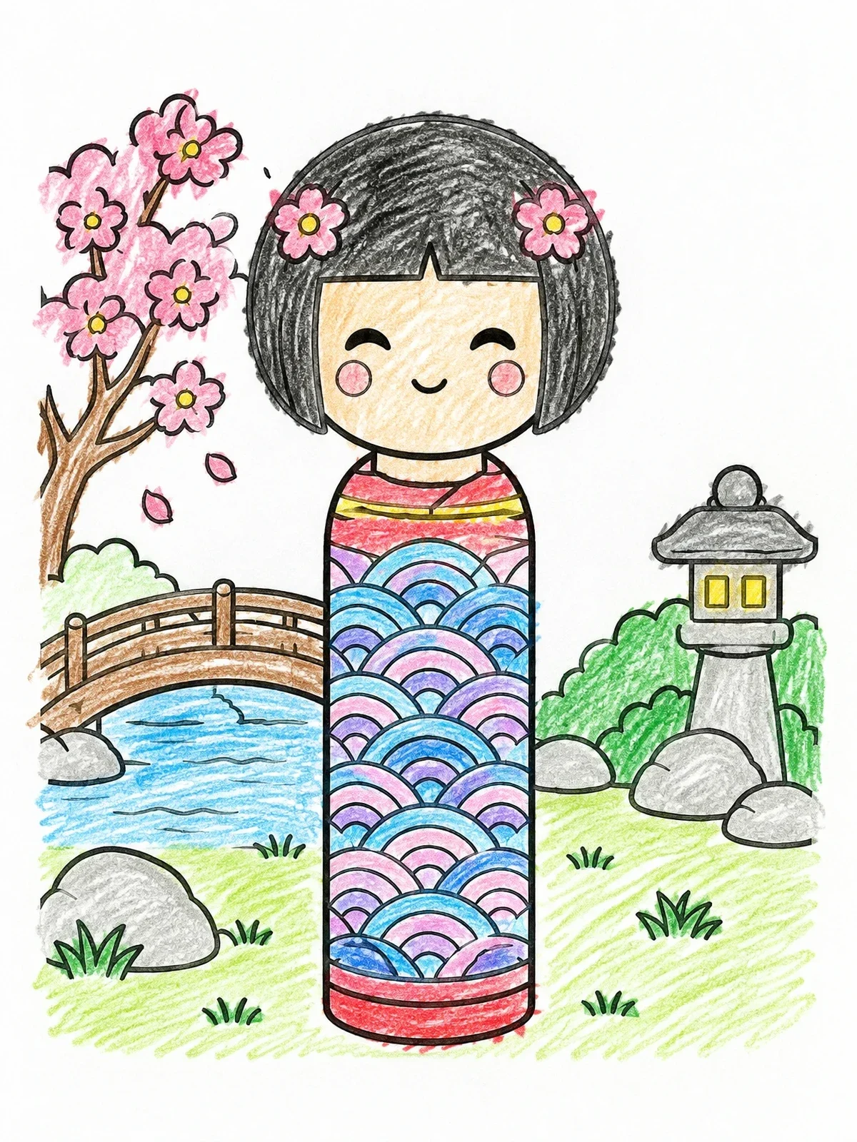 Colored example of the Kokeshi Doll In Japanese Garden coloring page