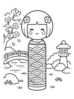 Free printable Kokeshi Doll In Japanese Garden coloring page