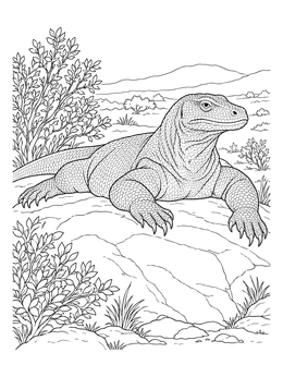 A detailed komodo dragon coloring page resting on a rocky savanna outcrop.