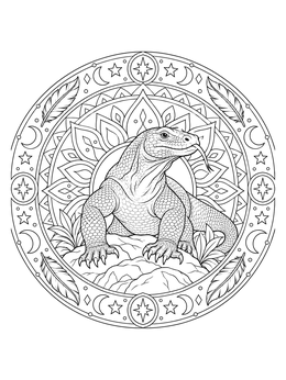 A detailed komodo dragon coloring page inside an intricate circular mandala with moons and stars.