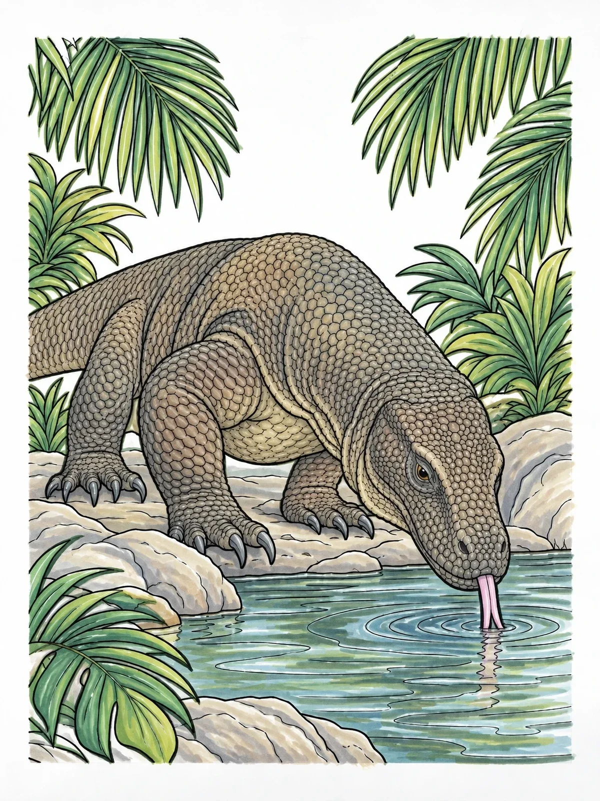 Colored example of the Komodo Dragon At The Waterhole coloring page