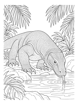 A detailed komodo dragon coloring page showing the giant lizard drinking from a jungle waterhole.