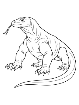 A realistic Komodo dragon coloring page showing the giant lizard flicking its tongue.